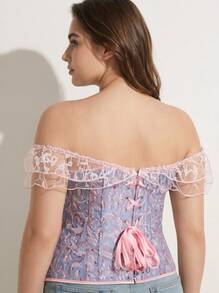 Rosiemei 1pc Plus Size Women Vintage Palace Style Lace Bustier, Off Shoulder Tie-Up Backless Bodycon Formal Dress, Wedding Attire - Mauve Purple - View 3
