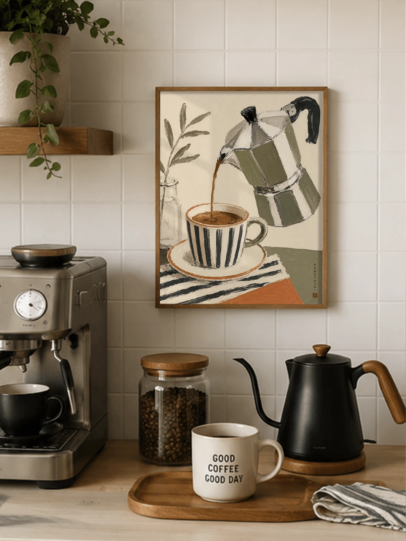 1pc Moka Pot Coffee Canvas Wall Art, Framed Or Unframed Vintage Textured Painting Print, Neutral Cafe Still Life Poster, Wall Decor For Kitchen Dining Interior, Home Decoration, Gift - Abstract Style a - View 1