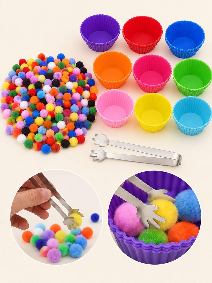 110pcs/10pcs - Colorful Pom Pom Sorting Game Set, Includes 9 Small Cups And 1 Hand-Shaped Tweezers, Suitable For DIY Color Matching Sensory, Fine Motor Skills Training Activities, Desktop Sorting Craft Kit, Party Games And Learning Tools - Multicolor - View 1