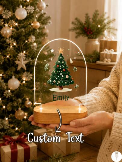 1PC Personalized Christmas Tree Acrylic Night Light, Custom Name LED Desk Lamp With Wooden Base, Clear Acrylic Holiday Table Decor, Christmas Bedroom Home Decoration, Personalized Xmas Gift, Festive Winter Room Accent