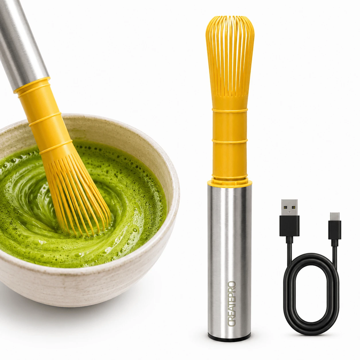 CREATEPRO 500mAh USB Rechargeable Matcha Whisk, With Bamboo Whisk Head, Stainless Steel Handle And Protective Storage Lid, Suitable For Green Tea