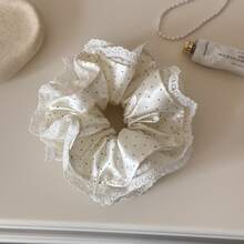1pc Shiny Ivory Satin Fabric Hair Scrunchie With Tiny Black Polka Dots, Covered With Multi-Layer Hollow Floral Embroidered Mesh Lace, Extra Large Soft Ruffle Design, High Elastic Hair Tie, Suitable For Half-Up Hairstyles, Perfect Match For Date Outfits And Soft Light-Colored Casual Wear - White - View 5