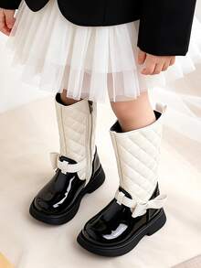 1 Pair Fashionable Girls' Gentle Style Rhombus Pattern Mid-Calf Boots, Side Zipper Bow Decor College Style Leather Boots, Suitable For Daily Wear, Suitable For Outdoor Activities, Suitable For Autumn/Winter - Beige - View 3