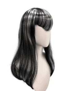 Women's Black Silver Streak Long Wavy Wig Synthetic Straight Bangs Gothic Vampire Style For Halloween Cosplay Party Costume - Black and White - View 4