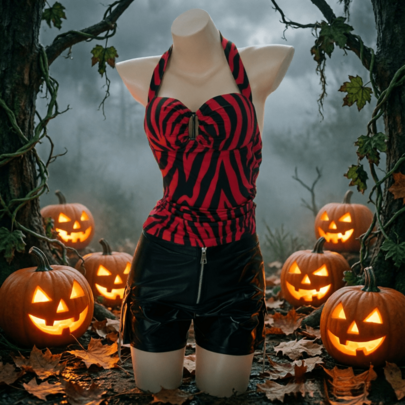 Women's 2Pcs Halloween Fancy Dress Outfit, Red Black Zebra Striped Halter Top & Faux Leather Zip Cargo Shorts Cosplay Costume