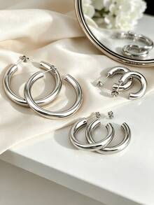 3 Pairs Women's Silver Stainless Steel C-Shaped Hoop Earrings, Classic Round Design, Suitable For Daily Wear, Party, Vacation, Halloween Women's Accessories, Stainless Steel Jewelry - Silver - View 7