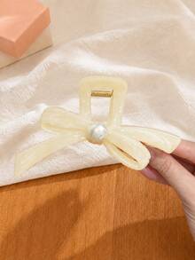 2/1pc Premium Blue/White Bow Pearl Hair Claw, Elegant Versatile Hair Claw For Back Of Head, Fashionable Minimalist Solid Color Hair Grip, Suitable For Daily, Casual, Party, Beach, Vacation, Hairstyle Design, Face Washing/Hair Washing, Makeup, Clothing Accessory, Spring Hair Claw, Summer Hair Claw, Autumn Hair Accessory, Winter Hair Claw - Multicolor - View 8