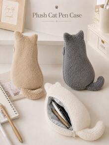 1pc Cat Shaped Plush Pencil Case, Cute Soft Large Capacity Stationery Storage Bag, Japanese Style Cute Cat Pen Pouch, Suitable For School, Office, Study, Desk Storage And Small Item Organization,Back To School - Cute Cat - View 6
