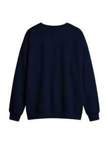 Women's Letter & Plaid Star Pattern Sweatshirt, Navy Blue, Loose Fit Drop Shoulder Crew Neck Long Sleeve Casual Pullover, Suitable For Autumn/Winter - Navy - View 5