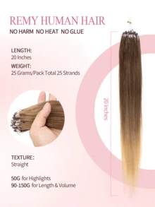 22 Inch Fishing Line Micro Ring Human Hair Extensions With Beads, 25 Strands, 25G/Pack, No Glue Needed, Easy Installation, Invisible, Glue-Free Hair Extensions, Holiday Essential, School Supplies, Bridal Style, Daily Look, Back To School Essential, Travel Essential - Multicolor - View 6
