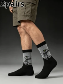 1/2 Pairs Men's Personalized Velociraptor Print Mid-Calf Socks, Fun Dinosaur Pattern Casual Socks, Creative Daily Wear Gift Socks, Cosplay Halloween Costume - Multicolor - View 10
