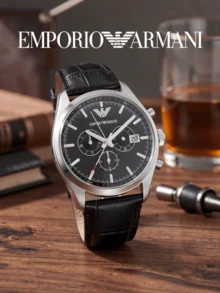 Armani AR6039 男士計時碼錶，黑色錶盤銀色圓形錶殼，黑色紋理錶帶，適合辦公、約會與日常穿搭的時尚配件 - 黑色 - 查看 1