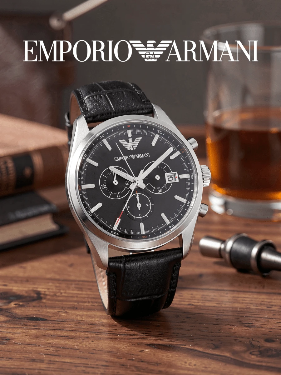 Armani AR6039 男士計時碼錶,黑色錶盤銀色圓形錶殼,黑色紋理錶帶,適合辦公、約會與日常穿搭的時尚配件 - 黑色 - 查看 1