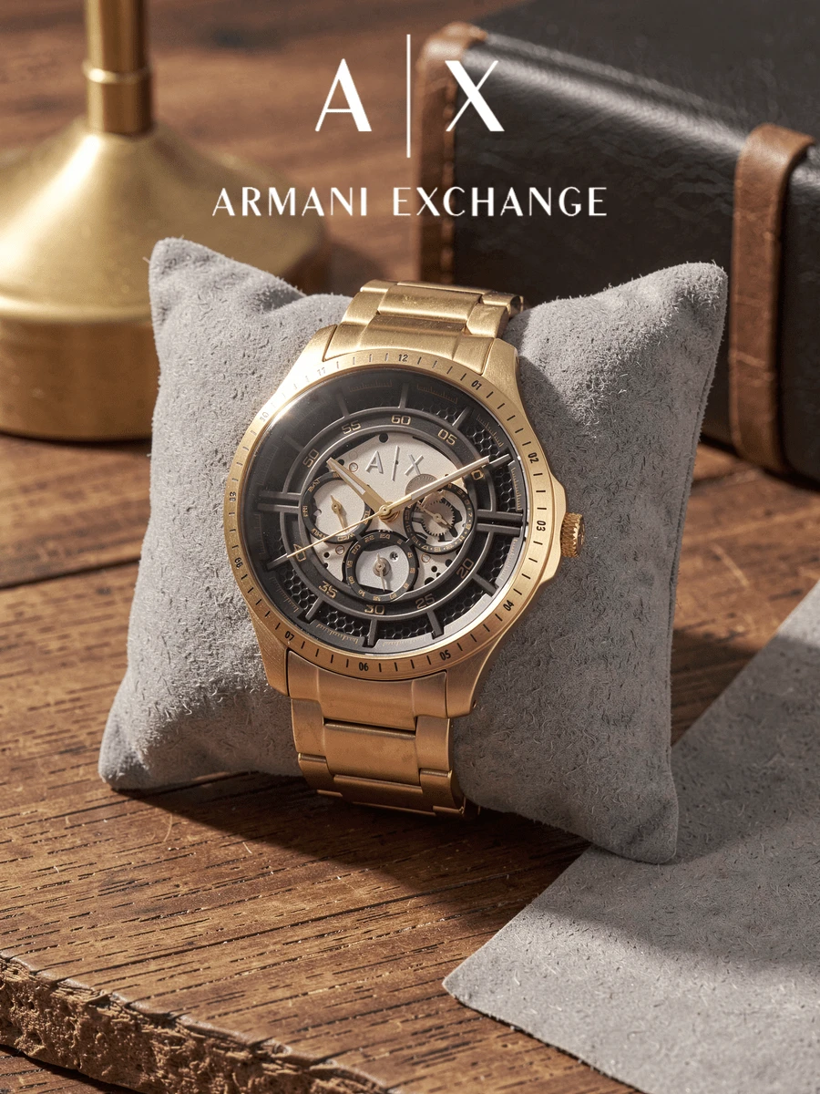 Armani Exchange Men Quartz Chronograph Watch Gold‑Tone Stainless Steel Bracelet Black Skeleton Grid Dial 5ATM Water Resistant Wrist Watch AX2461 - Gold - View 1