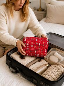 Christmas Quilted Makeup Bag, Festive X‑Mas Print Zipper Cosmetic Pouch, Portable Travel Toiletry Storage Bag For Holiday Gift - Multicolor - View 6
