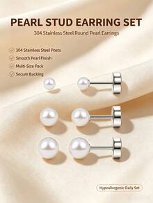 8pcs Stainless Steel Pearl Stud Earrings Set, Pearl Flat Back Earrings, Women's Earrings - White - View 1