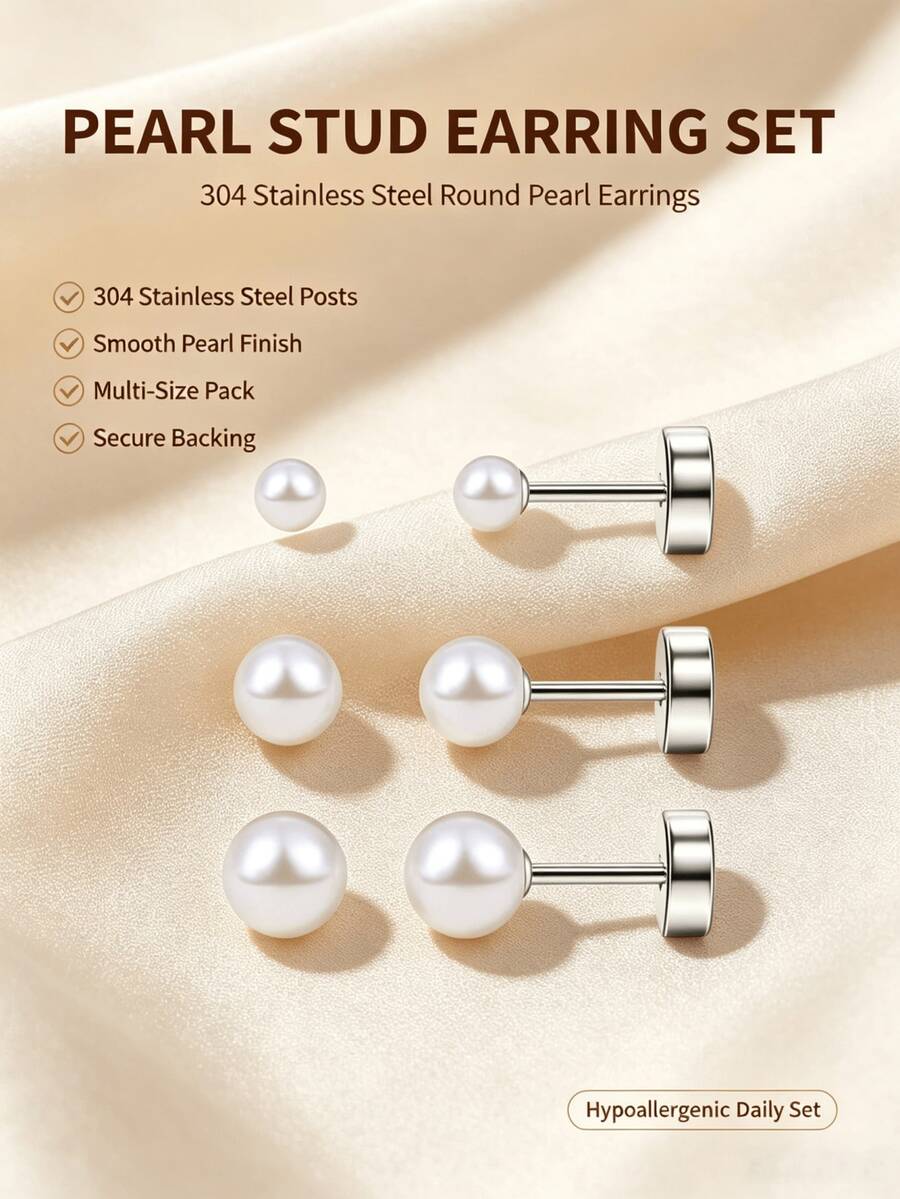 8pcs Stainless Steel Pearl Stud Earrings Set, Pearl Flat Back Earrings, Women's Earrings - White - View 1