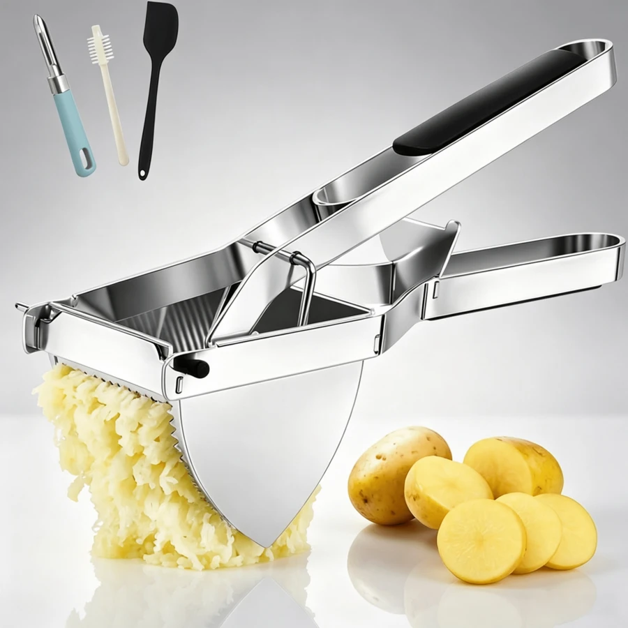 Large‑Size Stainless‑Steel Potato Ricer And Spaetzle Press, Fitted With Non‑Slip Silicone Handle. Heavy‑Duty Kitchen Press For Creating Puree And Gnocchi, Compatible With Dishwasher. - Silver - View 1