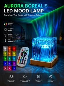 2026 Christmas & Halloween Theme Mini Square Remote Control Smart Light, 16-Color Aurora Water Ripple Projection Lamp, Smart Rotating Multi-Color Light Effects, Touch Color Change, Ice Crystal Cube Ambient Light, Bedroom, Bedside, Desk Decoration, Night Light, LED Small Table Lamp, USB Light, Room, Dorm, Romantic Lighting Decor, Christmas Gift, Halloween Gift, Valentine's Day Gift, Birthday Gift, Back To School & Graduation Season Gift, Note: USB Powered, Remote Control Without Battery - New RGB Aurora - View 5