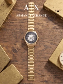Armani Exchange Men Quartz Chronograph Watch Gold‑Tone Stainless Steel Bracelet Black Skeleton Grid Dial 5ATM Water Resistant Wrist Watch AX2461 - Gold - View 3
