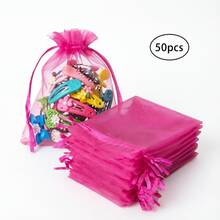 50入歐根紗抽繩束口袋，珠寶禮品包裝袋，適用聖誕糖果、婚禮、生日派對（玫瑰紅） - 玫紅色 - 查看 9