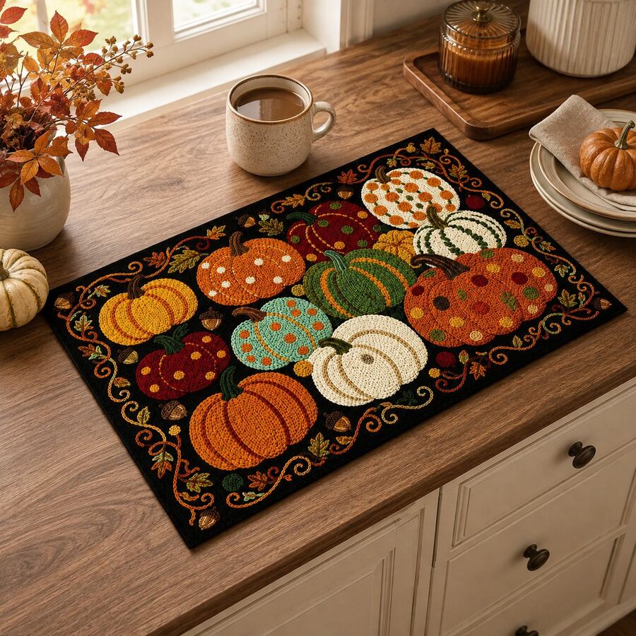 Colorful 2D Pumpkin Pattern Printed Drainage Mat/Absorbent Mat/Drying Mat For Coffee Machine And Tableware - Absorbent Polyester Desktop Protector With Rubber Non-Slip Backing, For Kitchen Countertop Decoration - Home Bar And Dining Table Placemat - Multicolor - View 1