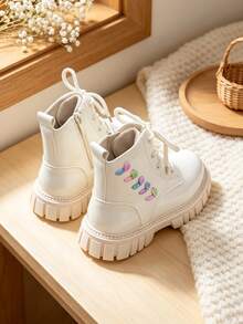 1 Pair Kids Lace-Up Short Boots, Fresh Colorful Heart Design, Suitable For Casual Outings, School Commuting, All-Season Versatile - Beige - View 6