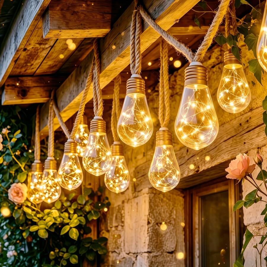 Solar Powered Outdoor Smart Papaya Lantern, Vintage Rope Pendant Light, 8 Lighting Modes, Automatic Light Sensor Switch, Suitable For Garden, Party, Wedding, Fence, Patio, Summer Holiday, Halloween And Christmas Decoration - Papaya Hemp Rope Light Bulb - View 1