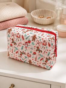 Christmas Quilted Makeup Bag, Festive X‑Mas Print Zipper Cosmetic Pouch, Portable Travel Toiletry Storage Bag For Holiday Gift - Multicolor - View 5