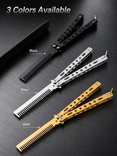 Peine de mariposa plegable para entrenamiento, peine de práctica de acero inoxidable sin filo, herramienta portátil de entrenamiento de peinado, adecuado para principiantes, recorte, seccionado, corte de cabello, útiles escolares, esenciales para viajes y vacaciones al aire libre