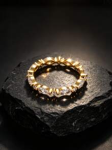 18K Gold Plated Women's Stackable Ring, Marquise And Round White Cubic Zirconia Intertwined Adjustable Finger Ring, Light Luxury Minimalist Full Rhinestone Jewelry, Suitable For Daily Commute And Party, Exquisite Decorative Ring For Women's Self-Use And Gift - Gold - View 3