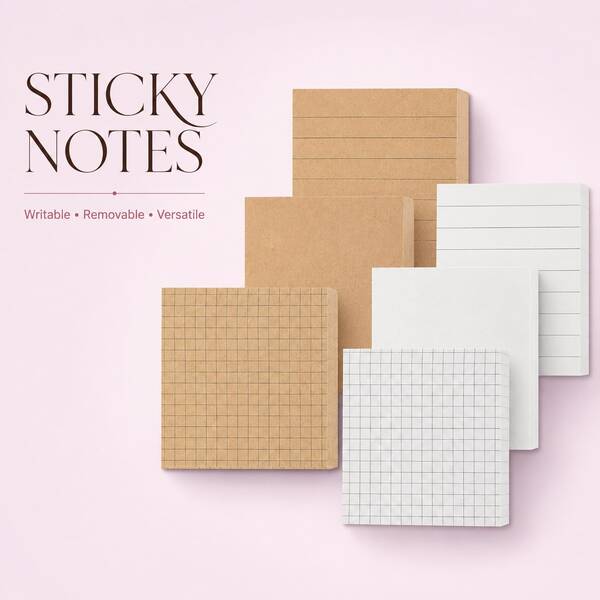 6-Pack Square Sticky Notes, 3 * 3 Inch Kraft Brown And White Memo Pads, Blank, Lined And Grid Designs, Strong Adhesive Removable Note Pads For Study, Office, School And Daily Planning
