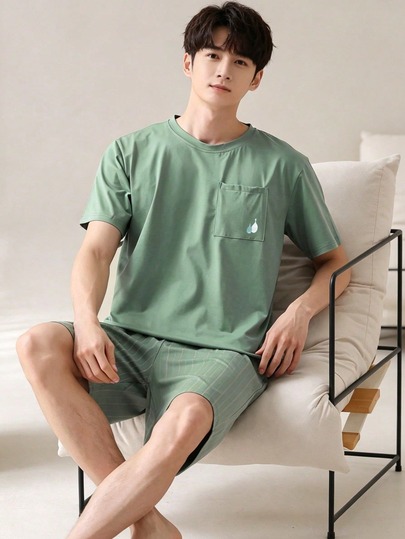 AICJ Men's Solid Color Casual Loose Minimalist Wearable Spring/Summer Pocket Crew Neck Short Sleeve Plaid Shorts Loungewear Pajama Set 2pcs