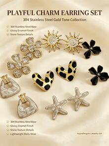 12pcs/Set Women's Stainless Steel Earrings Set, Mixed Floral, Water Drop And Geometric Designs, Minimalist Fashion Jewelry, Suitable For Beach Vacation, Halloween Gift, Women's Accessories, Stainless Steel Jewelry - Black and White Suit - View 1