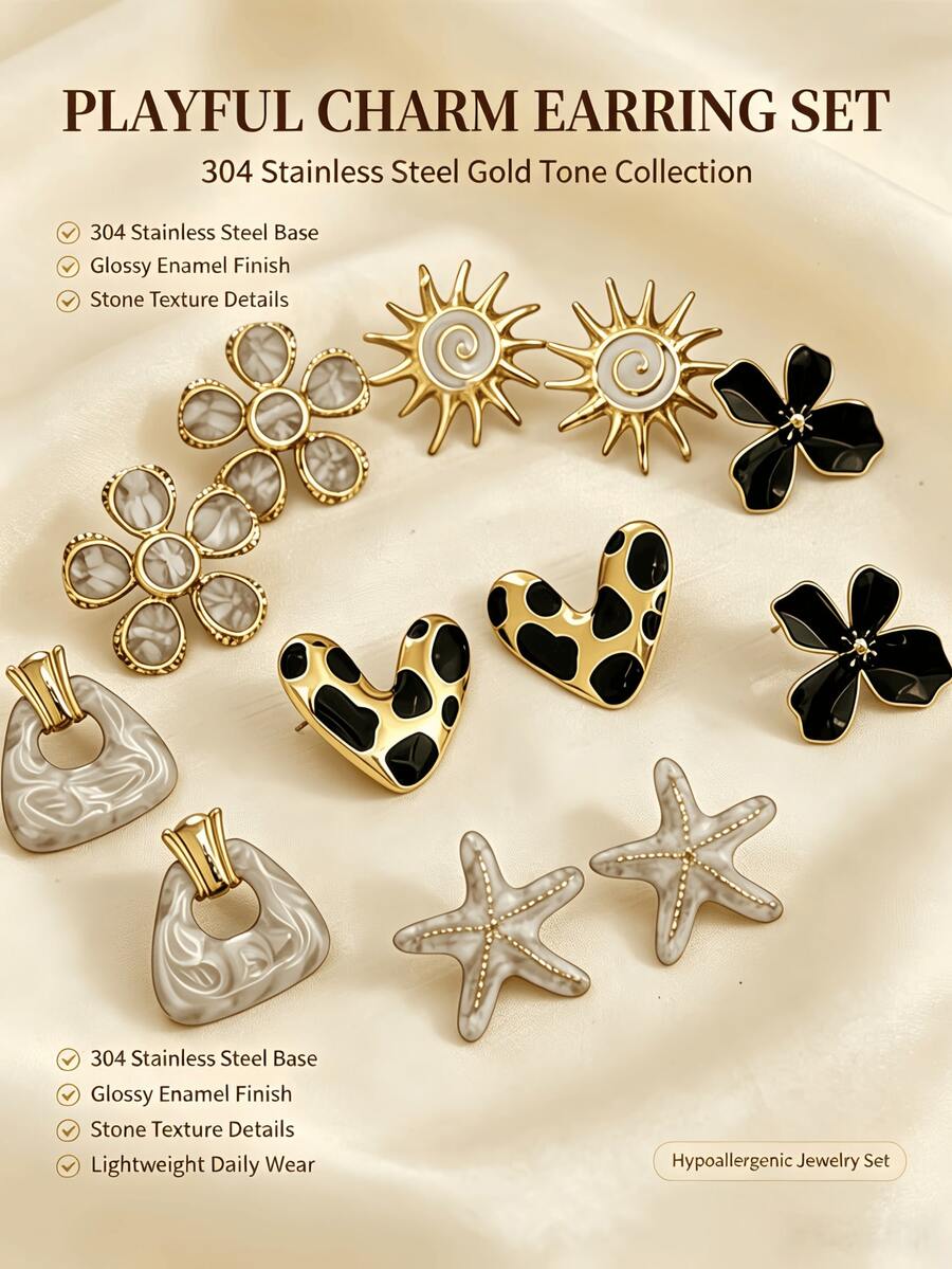 12pcs/Set Women's Stainless Steel Earrings Set, Mixed Floral, Water Drop And Geometric Designs, Minimalist Fashion Jewelry, Suitable For Beach Vacation, Halloween Gift, Women's Accessories, Stainless Steel Jewelry - Black and White Suit - View 1