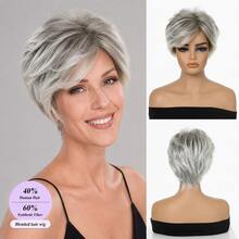 Wig Campuran Rambut Manusia Pendek Bervolume Potongan Pixie Abu-abu Garam dan Merica Tanpa Lem, Poni Samping yang Sudah Ditata, Penutup Kepala Bernapas untuk Wanita Dewasa, Pemakaian Sehari-hari - MultiWarna - View 14