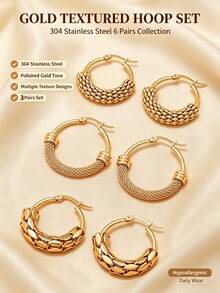 1/3 Pairs Women's Gold-Plated Hollow Earrings, Stainless Steel Fashion Hoop Earrings, Elegant Jewelry Gift, Halloween Accessory, Exquisite Packaging - Yellow Gold - View 12