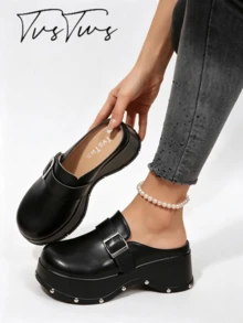 Women's Belt Buckle Rivet Thick Sole Closed Toe Mule Shoes, Platform Sole Backless Slip-On Perforated Half-Sling Sandals - Black - View 3