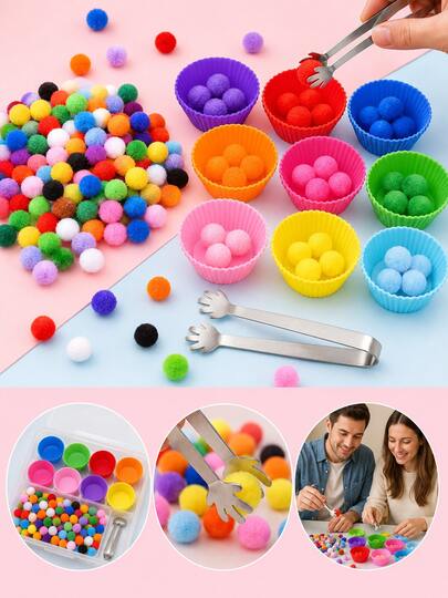 110pcs/10pcs - Colorful Pom Pom Sorting Game Set, Includes 9 Small Cups And 1 Hand-Shaped Tweezers, Suitable For DIY Color Matching Sensory, Fine Motor Skills Training Activities, Desktop Sorting Craft Kit, Party Games And Learning Tools