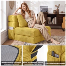 Wandelbares Sofa 4 in 1, klappbarer Sessel mit Seitentasche, Komfortschaum, Cordbezug, Kissen und Kopfstütze, für Wohnzimmer oder kleine Räume - Gelb - Übersicht 4