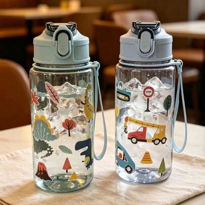 1pc 500ml (17oz) Children's Cartoon Pattern Cute Straw Cup, Best Gift For Girls And Boys For Back To School Or Graduation, Outdoor Sports Water Bottle, Campus Student Cartoon Cup