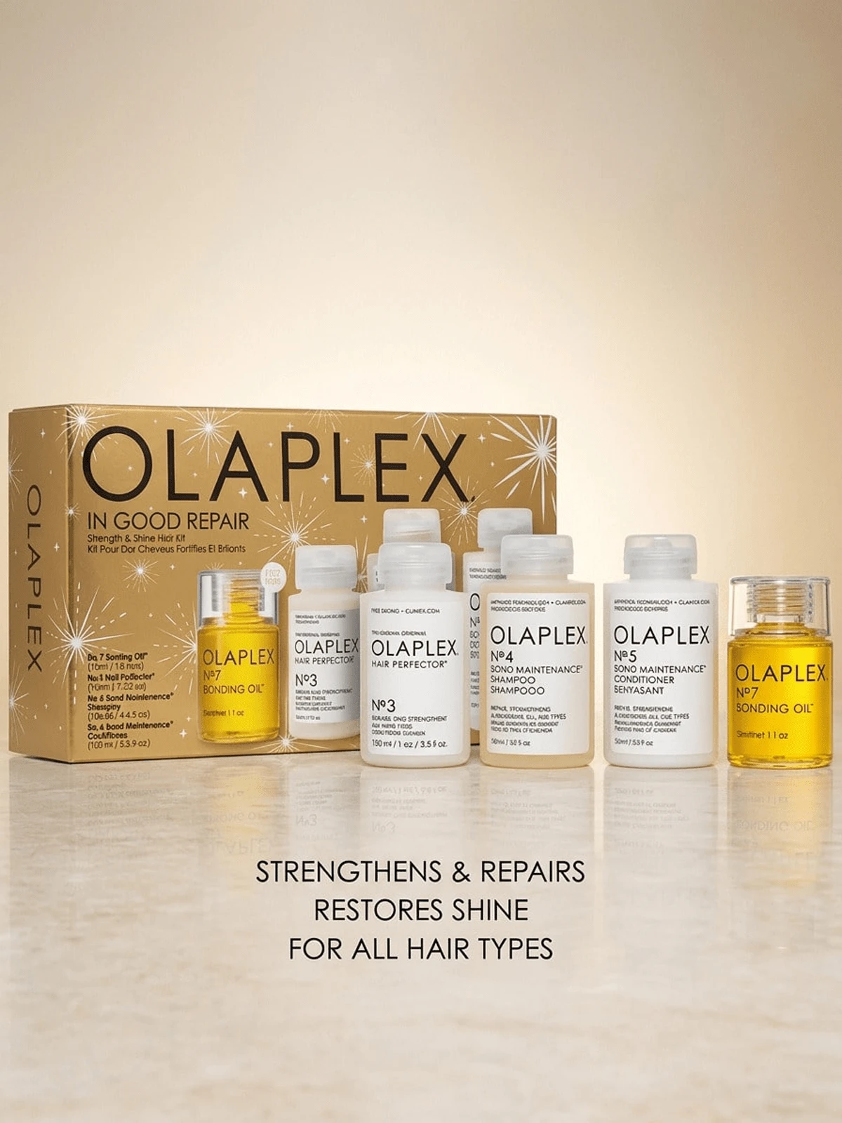 Olaplex 良好修复礼品 4 件套护发产品(7 号油 30ml+3 号护发素 50ml+无洗发水 100ml+5 号护发素 100ml)1oz/30ml+1.7oz/50ml*2+3.3oz/100ml - 1盎司/30毫升+1.7盎司/50毫升*2+3.3盎司/100毫升 - 查看 1