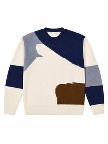 1pc Tween Girls INS Style High-End Contrast Color Patchwork Geometric Pattern Round Neck Long Sleeve Knit Sweater, Korean Loose Slouchy Pullover, Children Casual Fashion Versatile Knit Top, Skin-Friendly Soft Student Daily Outing Outfit, Autumn/Winter Essential - Blue - View 3