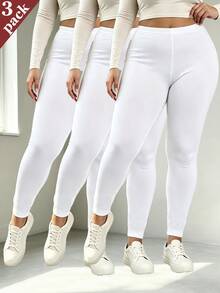 3pcs/Set Plus Size White Long Leggings, High Elastic Soft Fabric, 9/10 Length, Slimming Fit, Non-Tight, Fitness Yoga Pants Fall - White - View 2