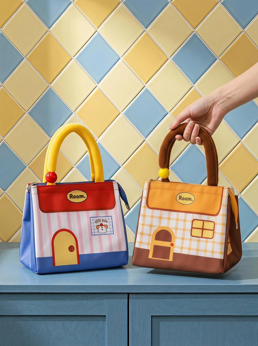 Joivida 1pc/6pcs Cute House Print Lunch Tote Bag, Soft Comfortable Handle, Secure Zipper Closure, Large Capacity Interior For Meals And Utensils, Fresh Color Design, Suitable For Office, Picnic And Daily Outings - Multicolor - View 1
