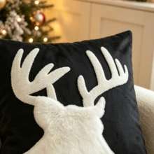 LCUHPCL 1pc Christmas Reindeer Applique 3D Embroidered Pillow Case, Suitable For Bedroom, Living Room, Sofa, Daily Use, Party And Various Occasions - Black - View 6