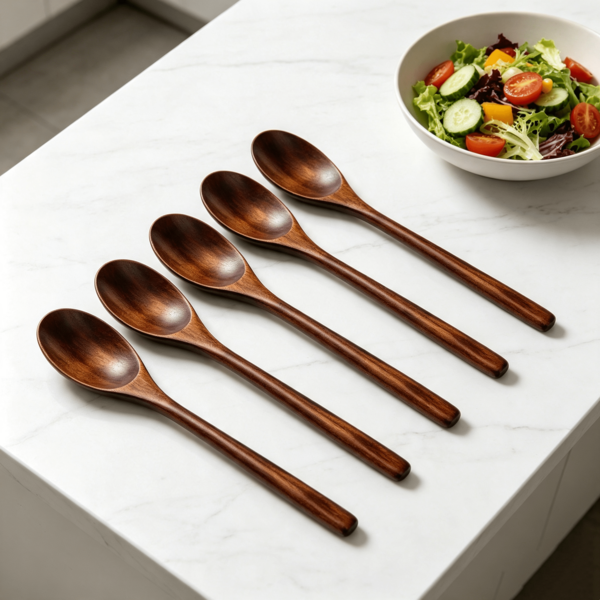 Set de 5 cucharas de madera, utensilios de cocina con mango largo, cuchara de sopa de madera con caja de almacenamiento para cocinar, revolver y servir alimentos