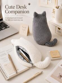 1pc Cat Shaped Plush Pencil Case, Cute Soft Large Capacity Stationery Storage Bag, Japanese Style Cute Cat Pen Pouch, Suitable For School, Office, Study, Desk Storage And Small Item Organization,Back To School - Cute Cat - View 7