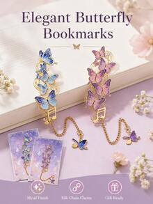 1pc Elegant Hollow‑Carved Butterfly Metal Bookmarks With Chain Pendant, Musical Note Design Page Marker, Art Decor Stationery Gift For Book Lovers - Multiple Styles - View 1