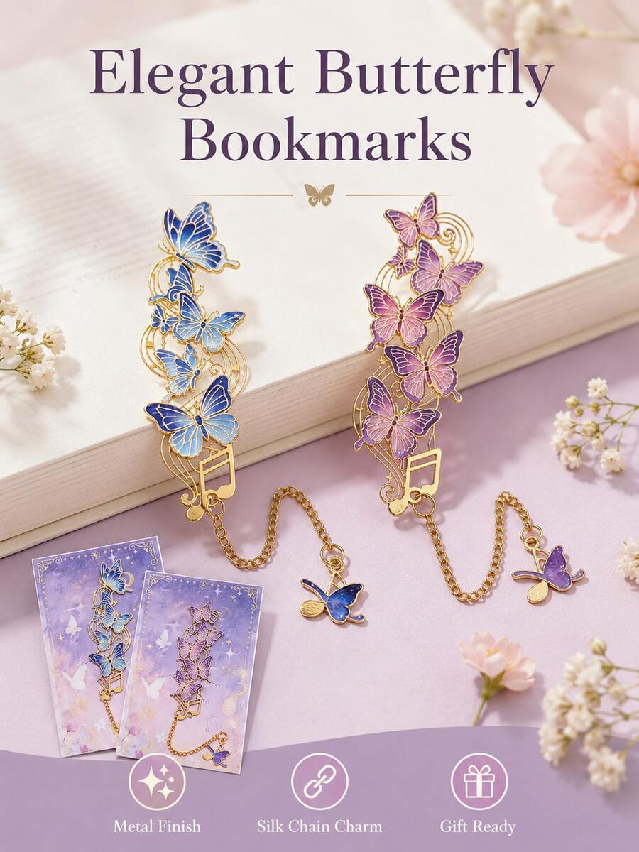 1pc Elegant Hollow‑Carved Butterfly Metal Bookmarks With Chain Pendant, Musical Note Design Page Marker, Art Decor Stationery Gift For Book Lovers - Multiple Styles - View 1
